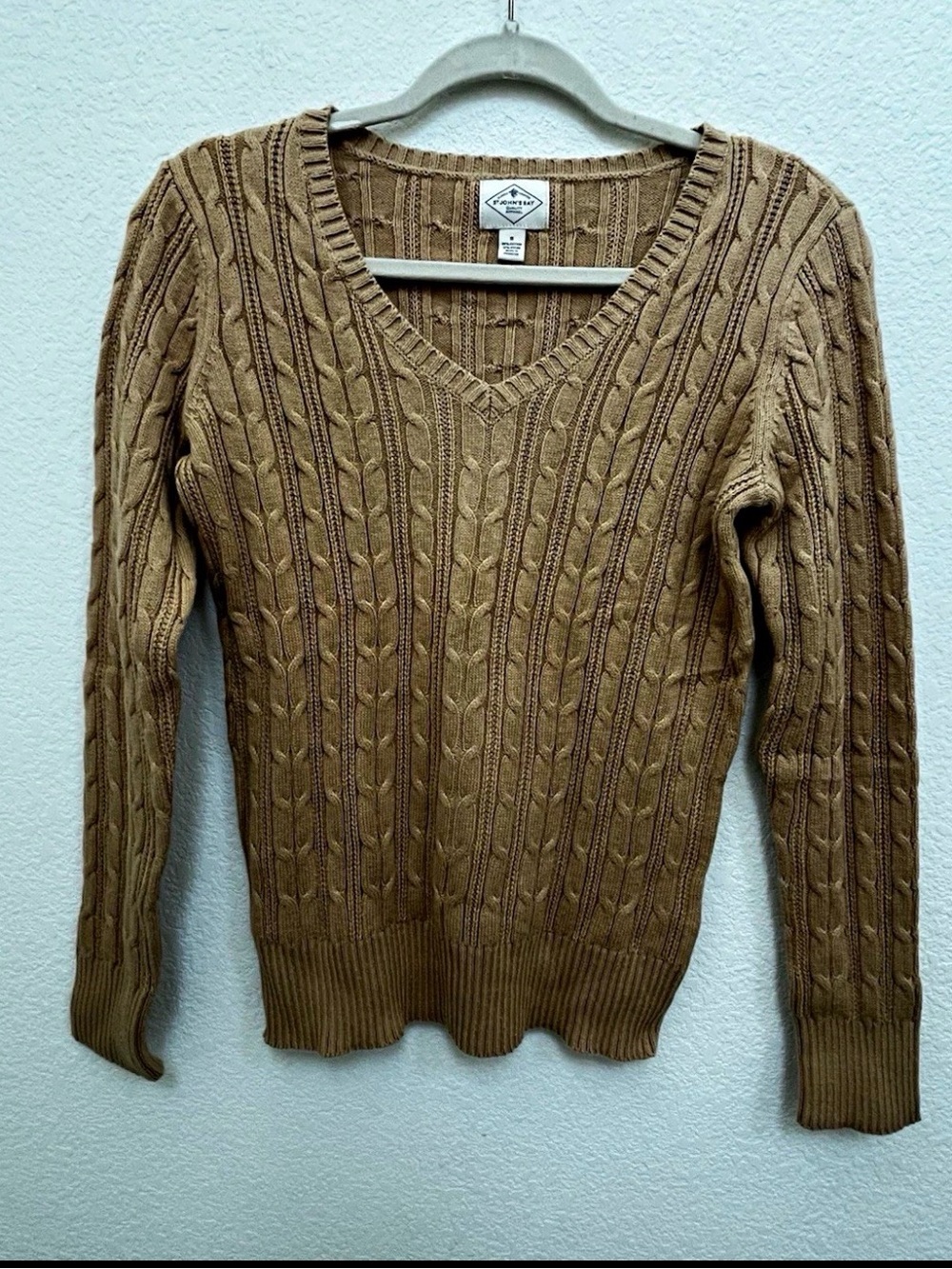 St. John's Bay Camel Brown Cable-Knit V-Neck Sweater